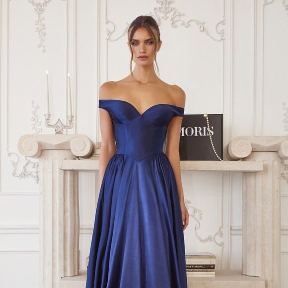 New Navy Off The Shoulder A-Line Bridesmaid Dress w/ Basque Waistline CD T821 - Picture 4 of 9